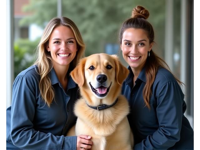 Two certified dog trainers with a happy golden retriever