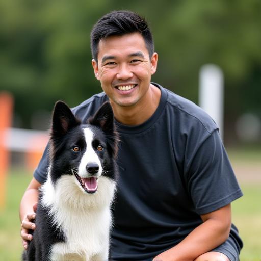 David Tan, a Canine Compass Agility Trainer, with an athletic Border Collie